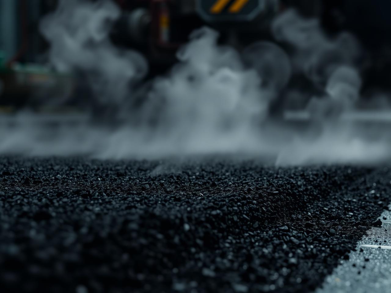 Fresh asphalt being laid by paver machine